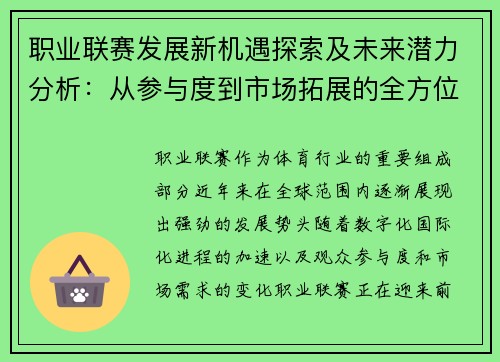职业联赛发展新机遇探索及未来潜力分析：从参与度到市场拓展的全方位解读
